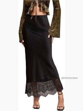 Women's Satin Lace Maxi Skirt High Waist Fishtail Long Skirt